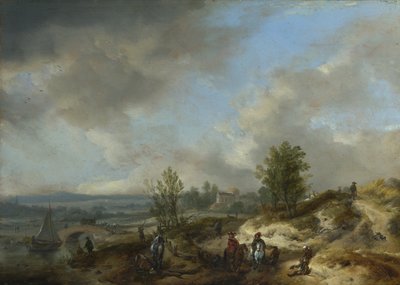 Eine Dünenlandschaft mit einem Fluss und vielen Figuren von Philips Wouwerman
